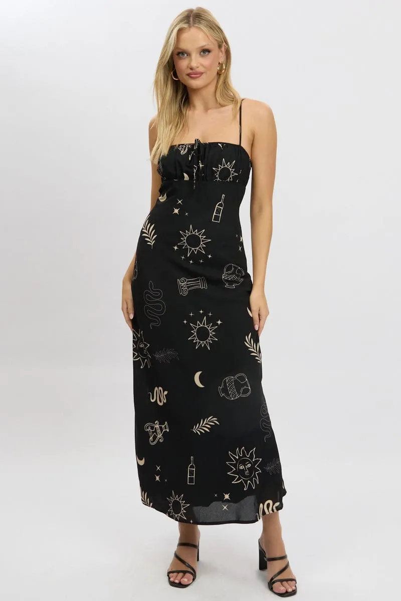 Black Abstract Midi Dress Strappy