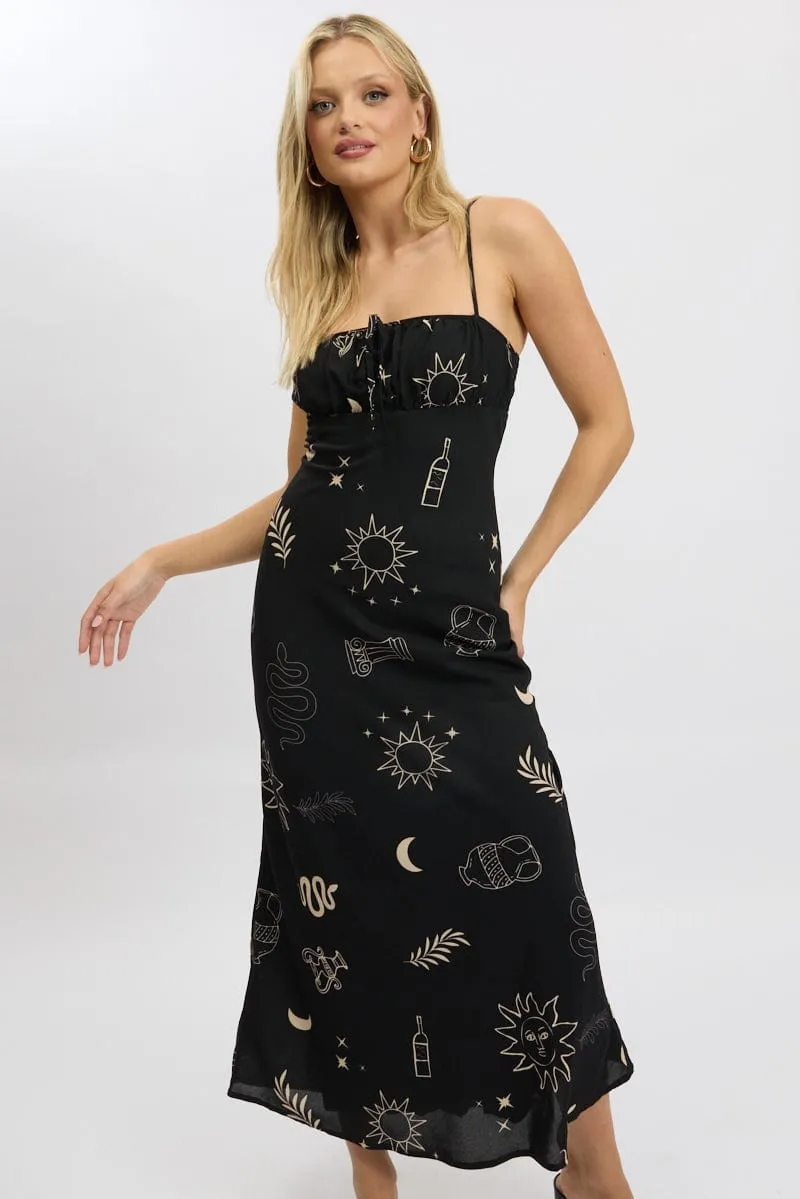 Black Abstract Midi Dress Strappy