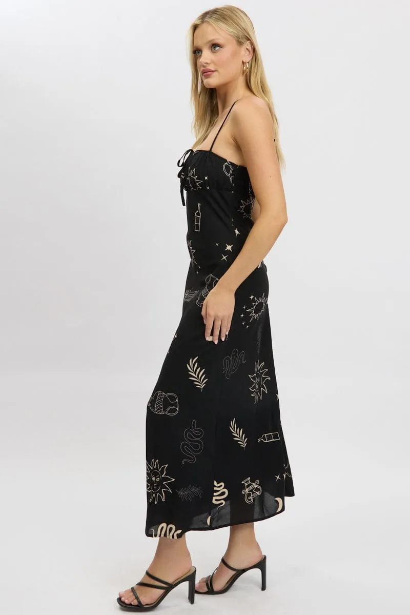Black Abstract Midi Dress Strappy
