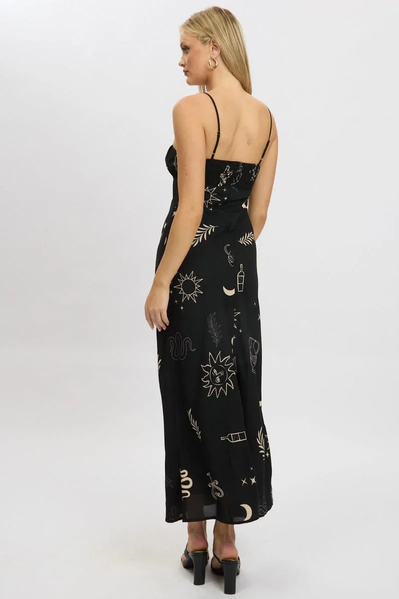 Black Abstract Midi Dress Strappy
