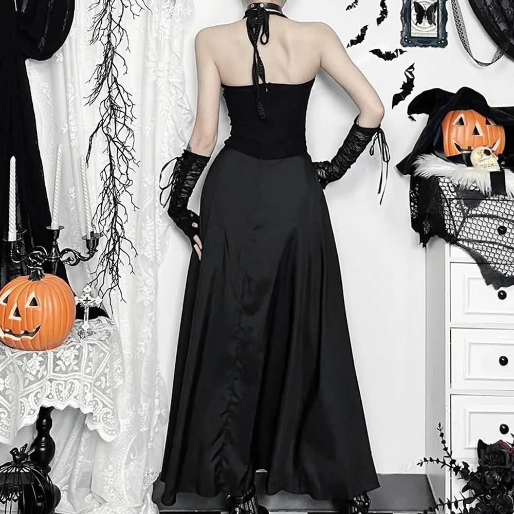 Black Gothic Halter Double Slit Maxi Dress