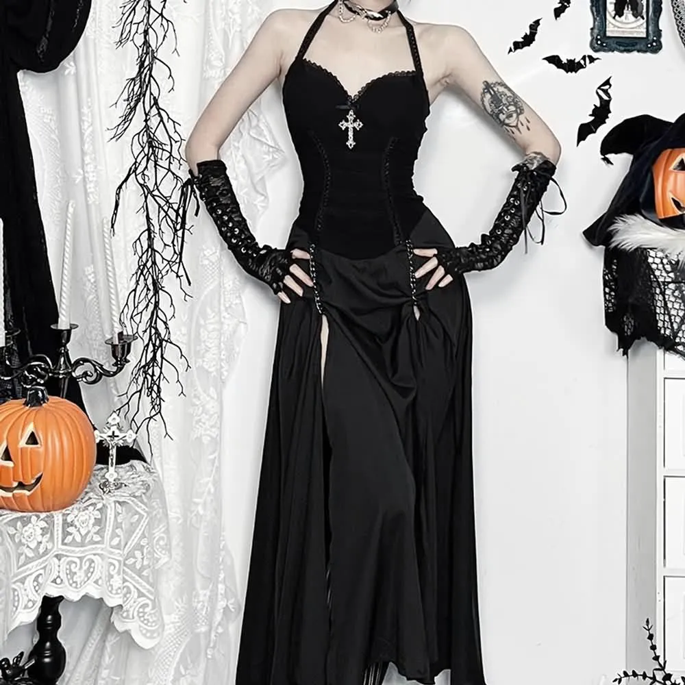 Black Gothic Halter Double Slit Maxi Dress