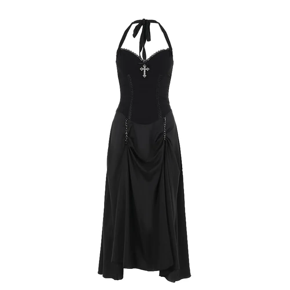 Black Gothic Halter Double Slit Maxi Dress