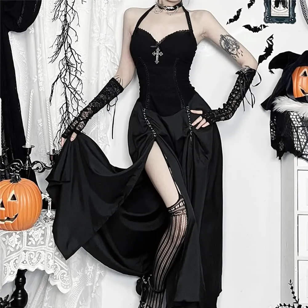 Black Gothic Halter Double Slit Maxi Dress
