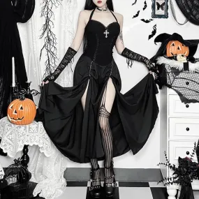 Black Gothic Halter Double Slit Maxi Dress