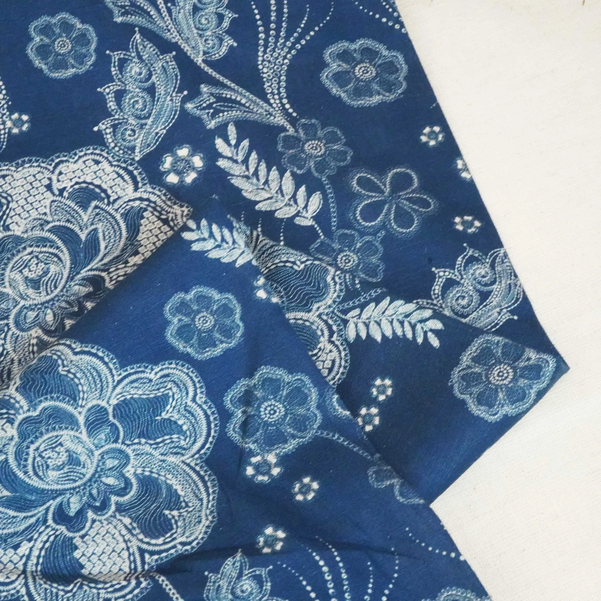 Blue Handpainted Floral Print Linen Fabric RM-24628