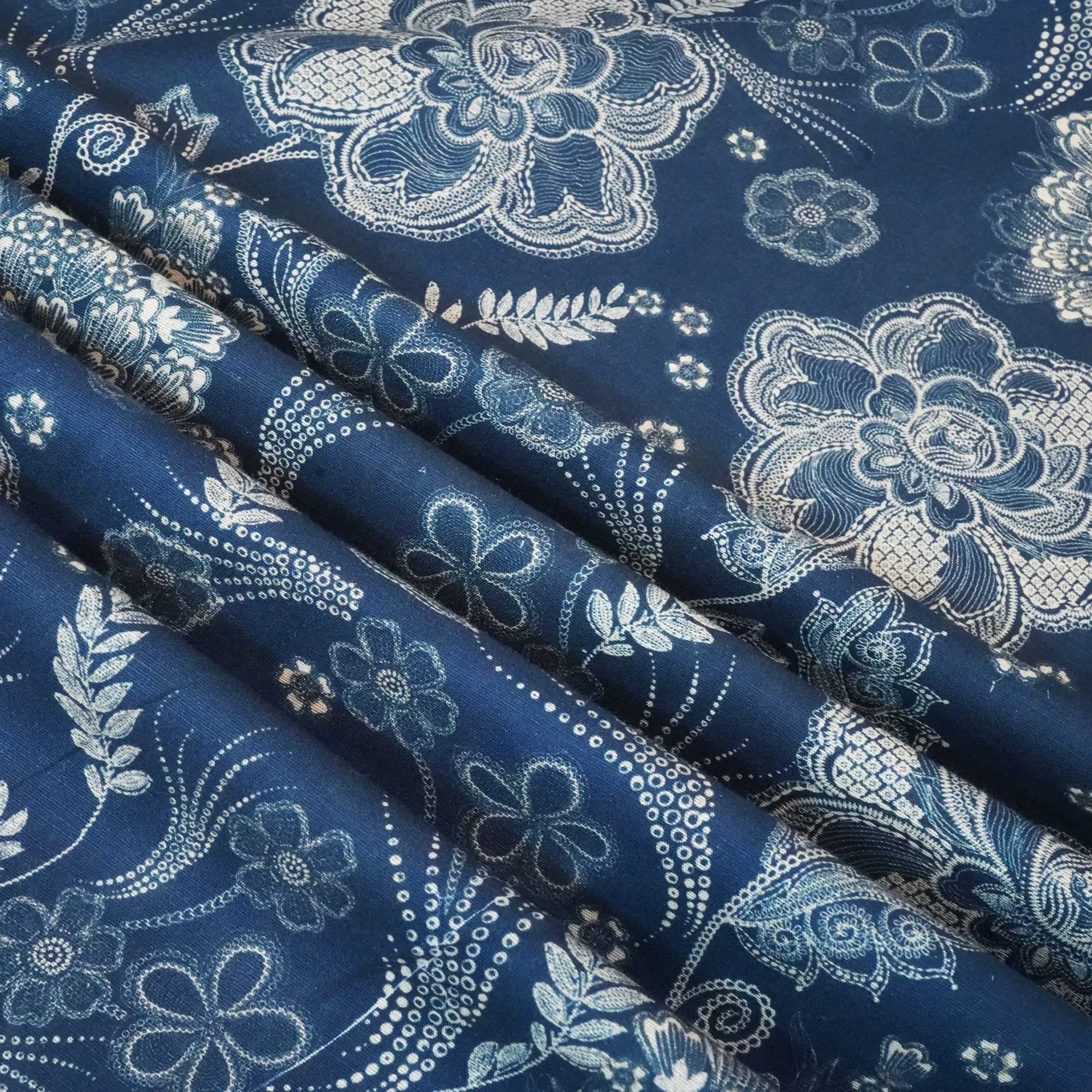 Blue Handpainted Floral Print Linen Fabric RM-24628