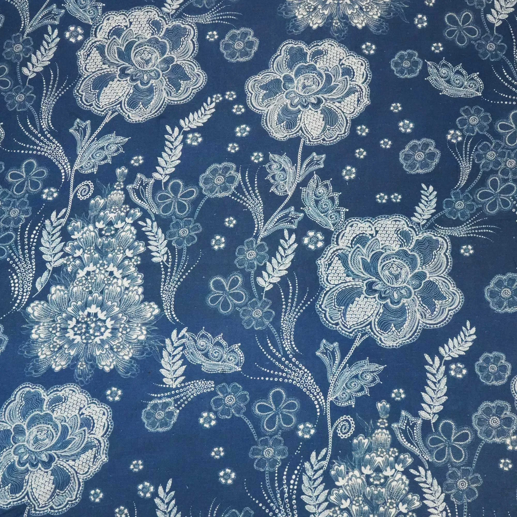 Blue Handpainted Floral Print Linen Fabric RM-24628