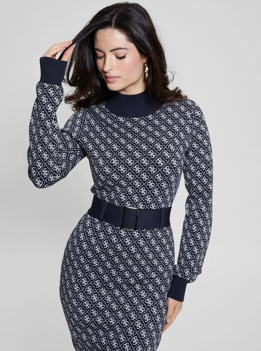 Blue Logo Belted Knit Midi Dress