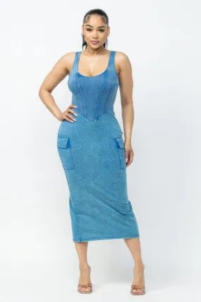 Blue Washed Cargo Midi Dress