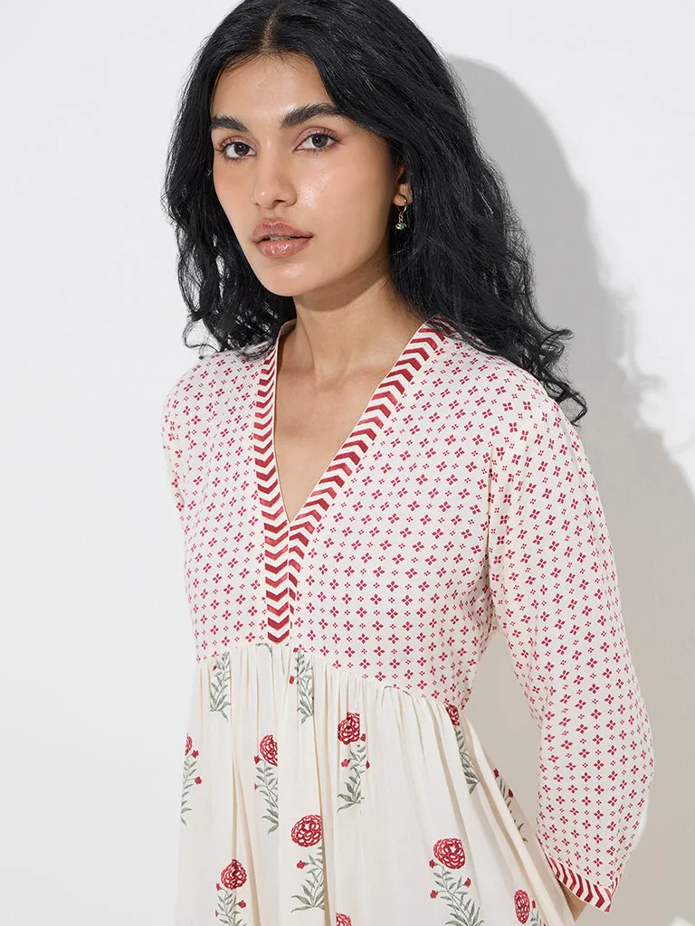 Bombay Paisley White Floral Design Empire-Line Dress