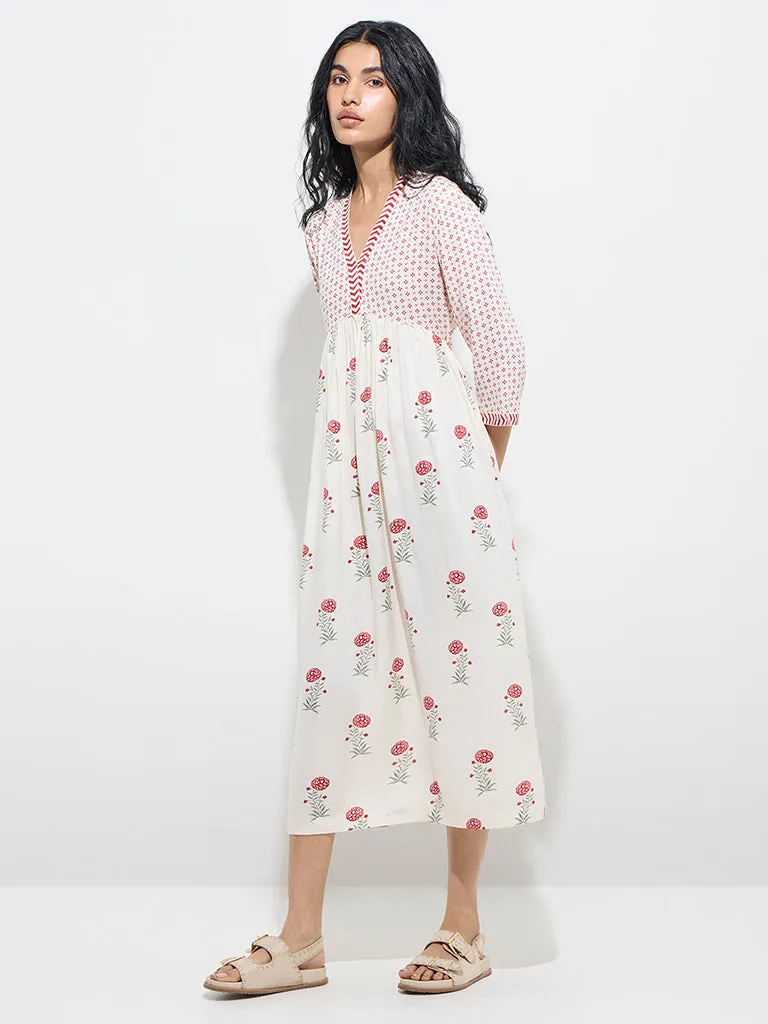Bombay Paisley White Floral Design Empire-Line Dress
