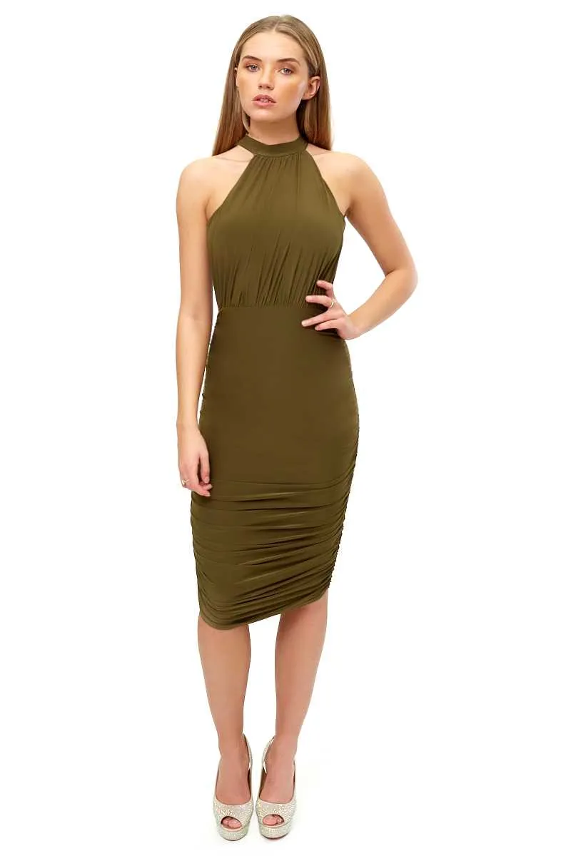 Brittany - Khaki Slinky High Neck Ruched Body-con Dress
