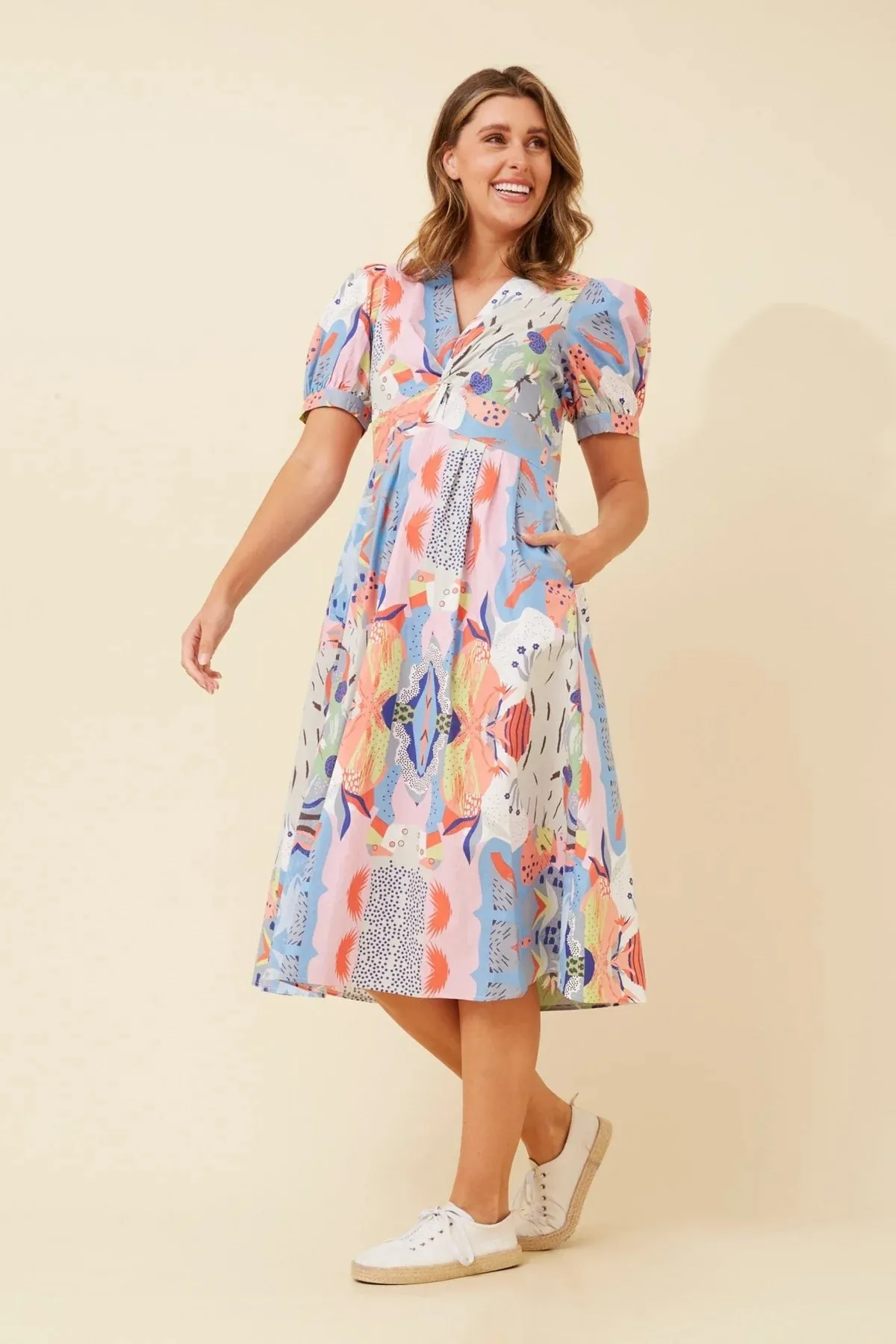 Caroline K Morgan puff sleeve v neck empire line cotton print dress Multi