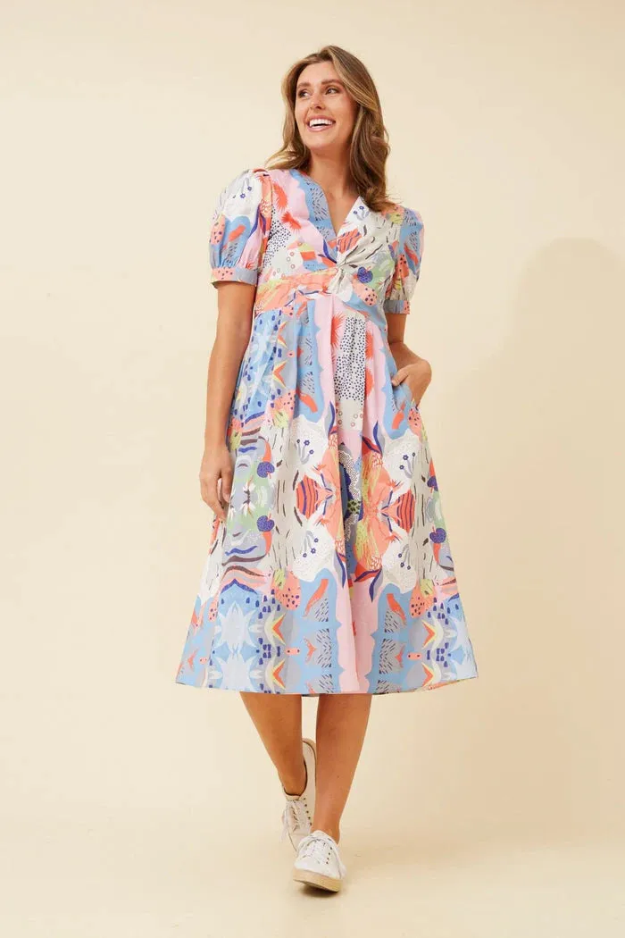 Caroline K Morgan puff sleeve v neck empire line cotton print dress Multi
