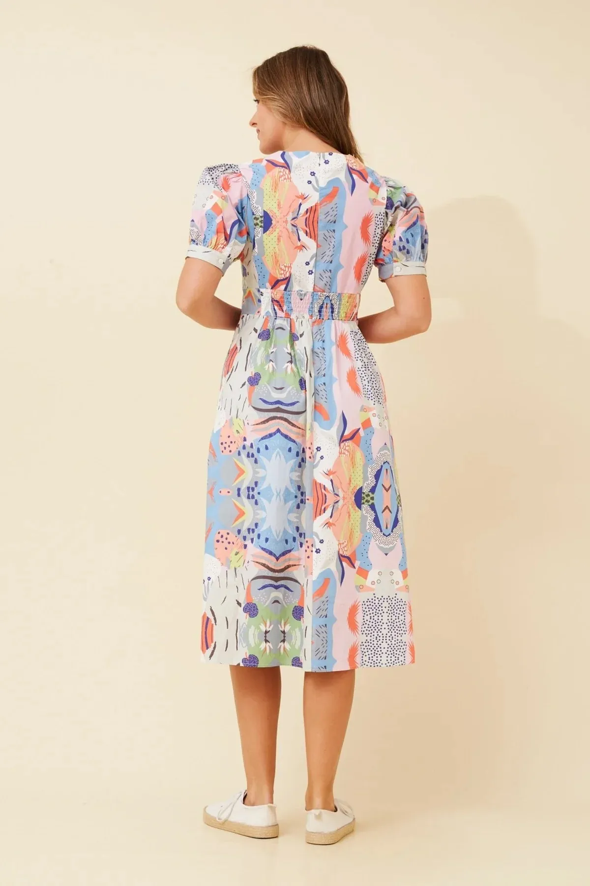 Caroline K Morgan puff sleeve v neck empire line cotton print dress Multi