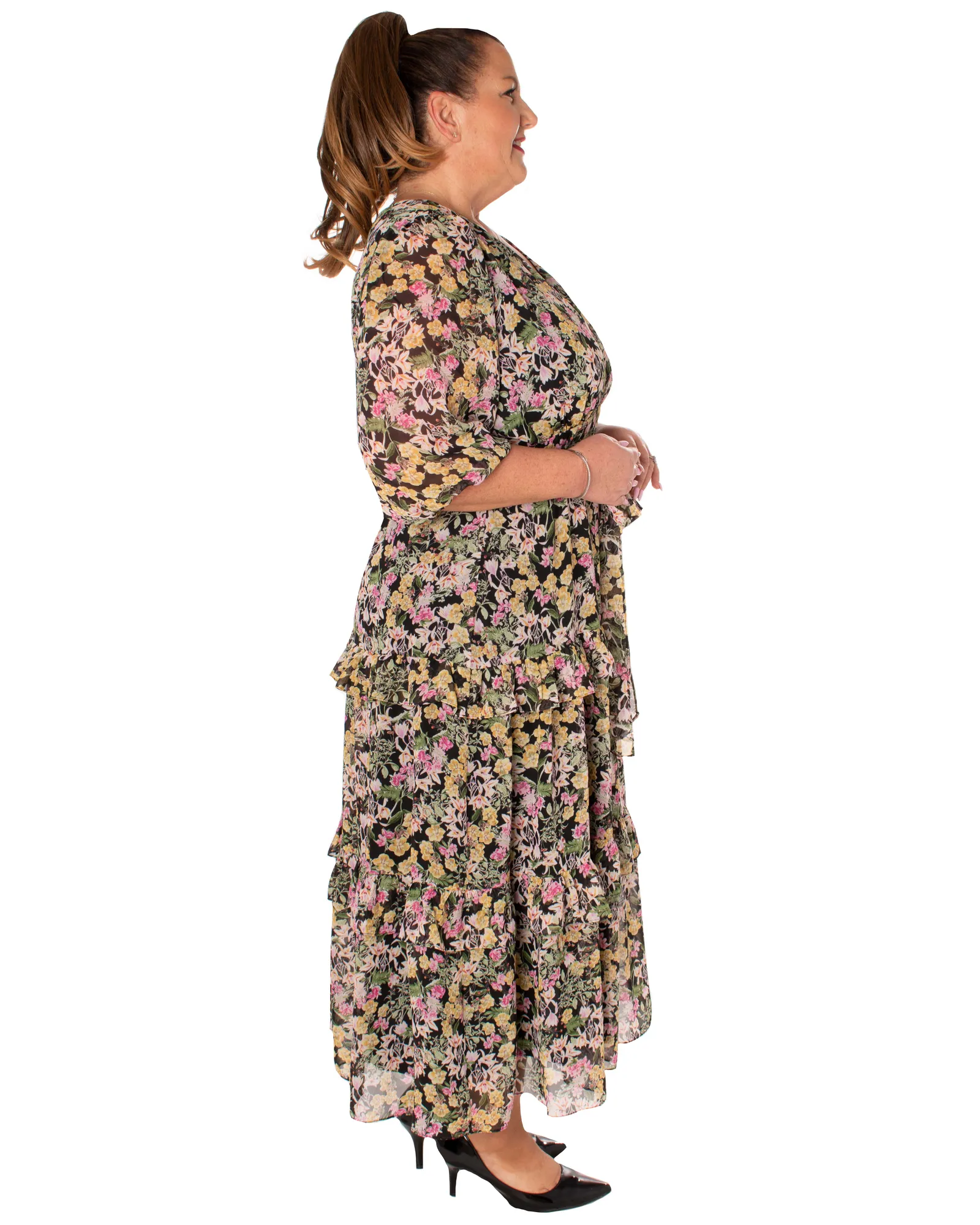 Caylee Ruffle Midi Dress | Black / Pink