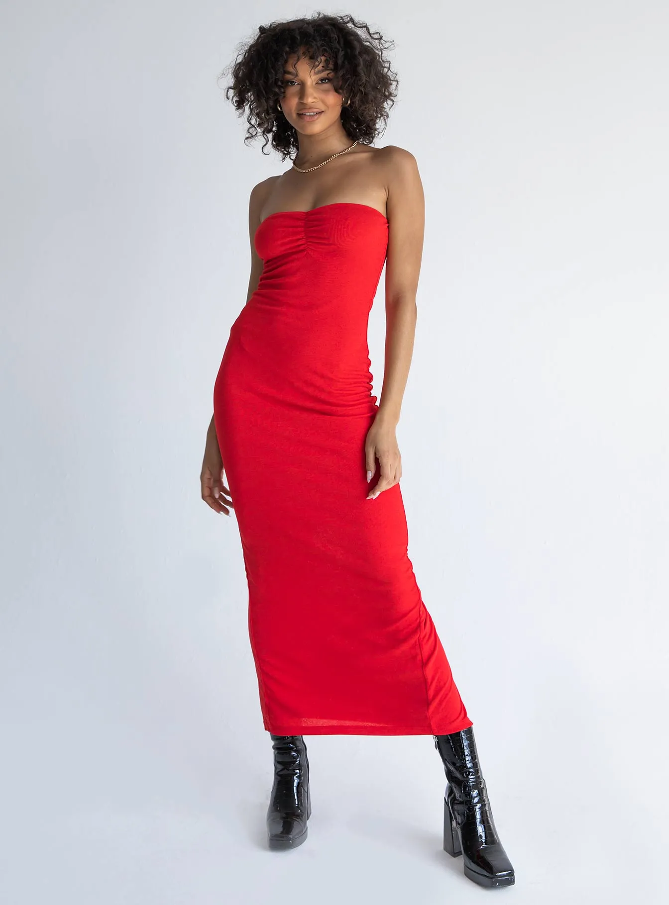 Charm Strapless Midi Dress Red