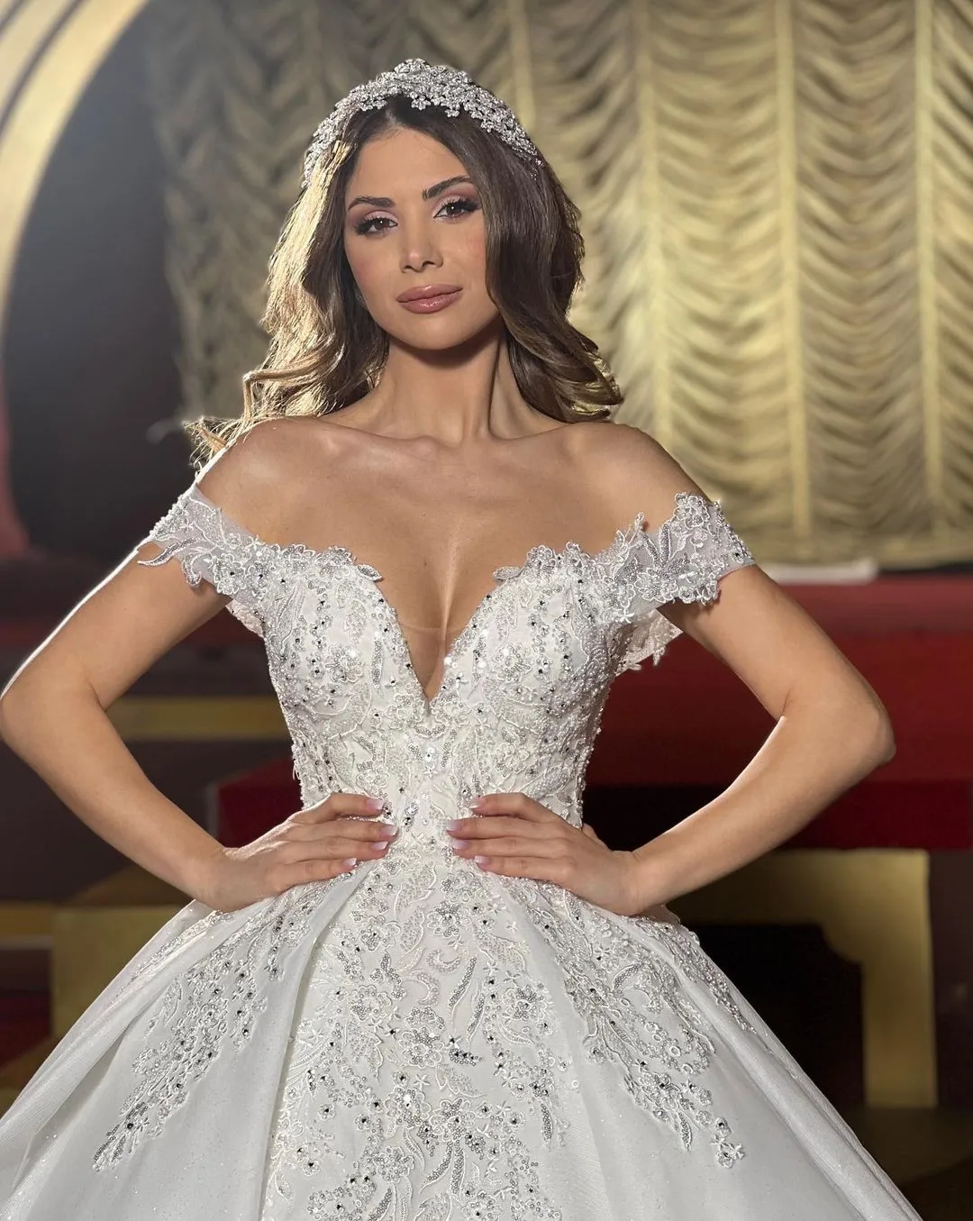 Charming Floor Length Off-The-Shoulder A Line Satin Wedding Dress with Ruffles