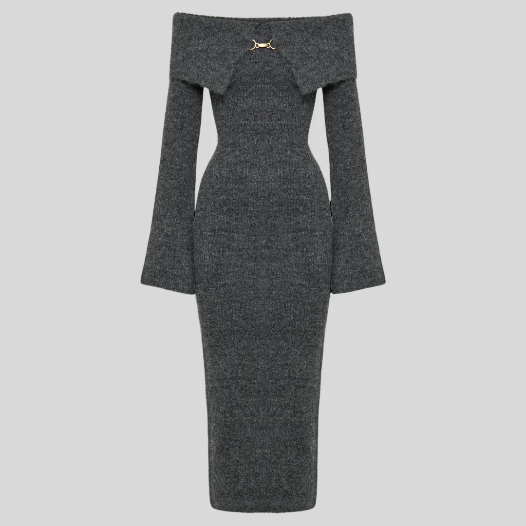 Chic Off-Shoulder Flared Midi Dress - Gray