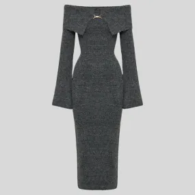 Chic Off-Shoulder Flared Midi Dress - Gray