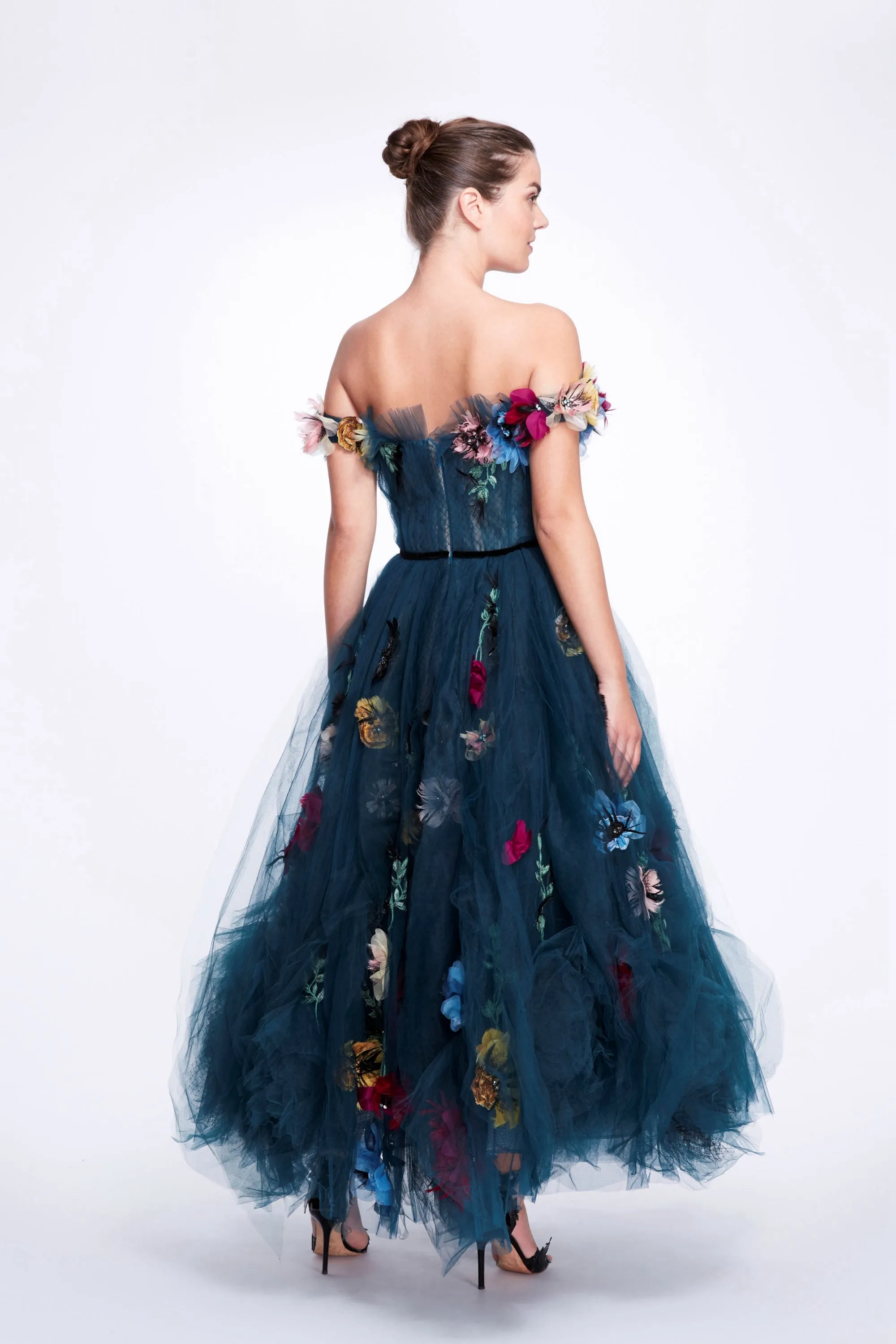 Dark Blue Sweetheart Tulle Dress Lush A-Line Floral Dresses 3D