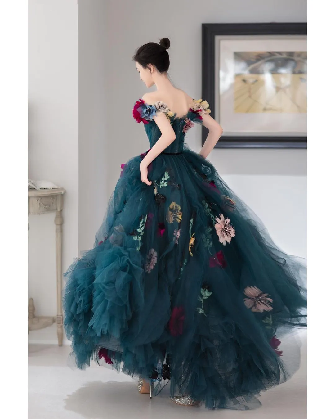 Dark Blue Sweetheart Tulle Dress Lush A-Line Floral Dresses 3D