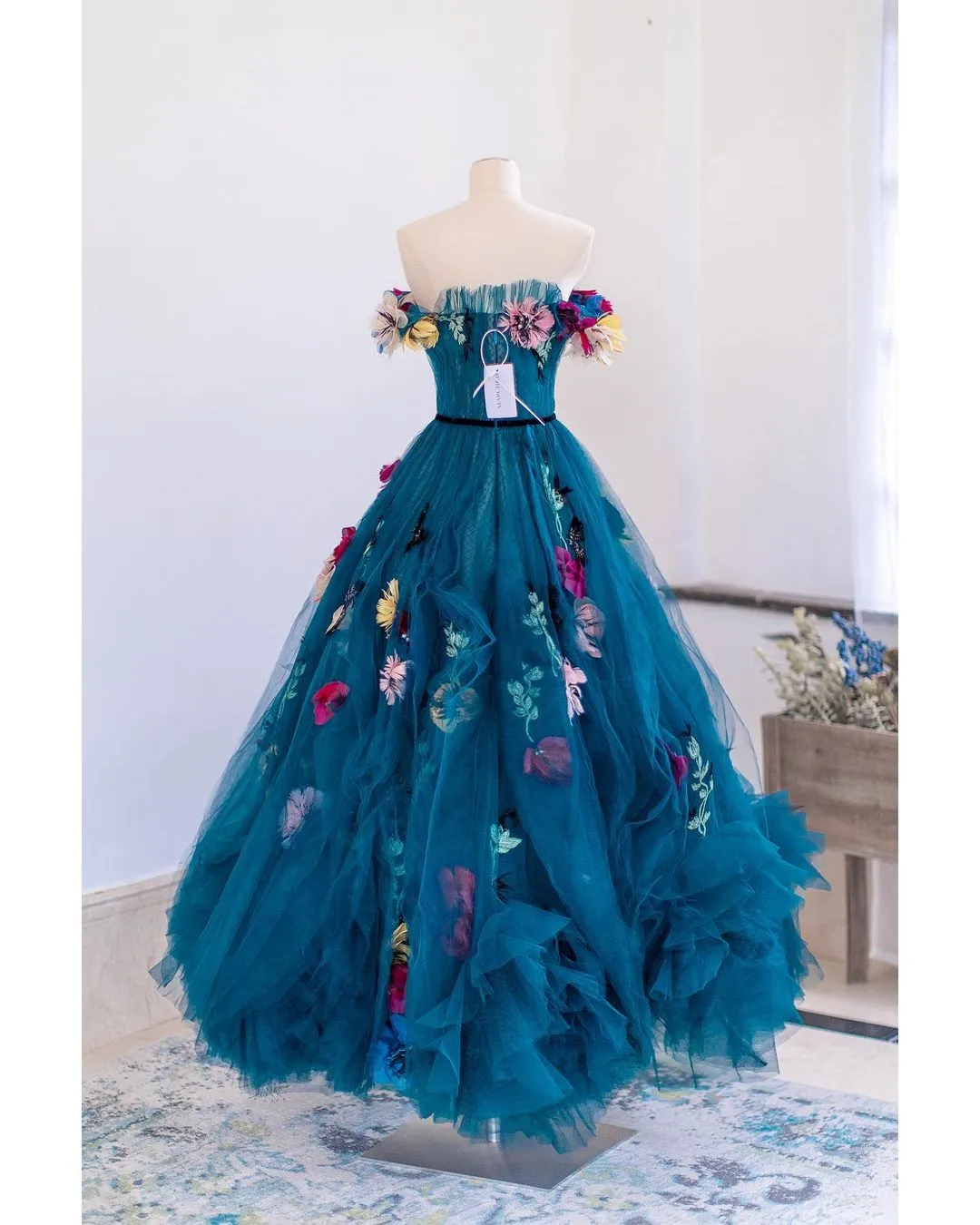 Dark Blue Sweetheart Tulle Dress Lush A-Line Floral Dresses 3D