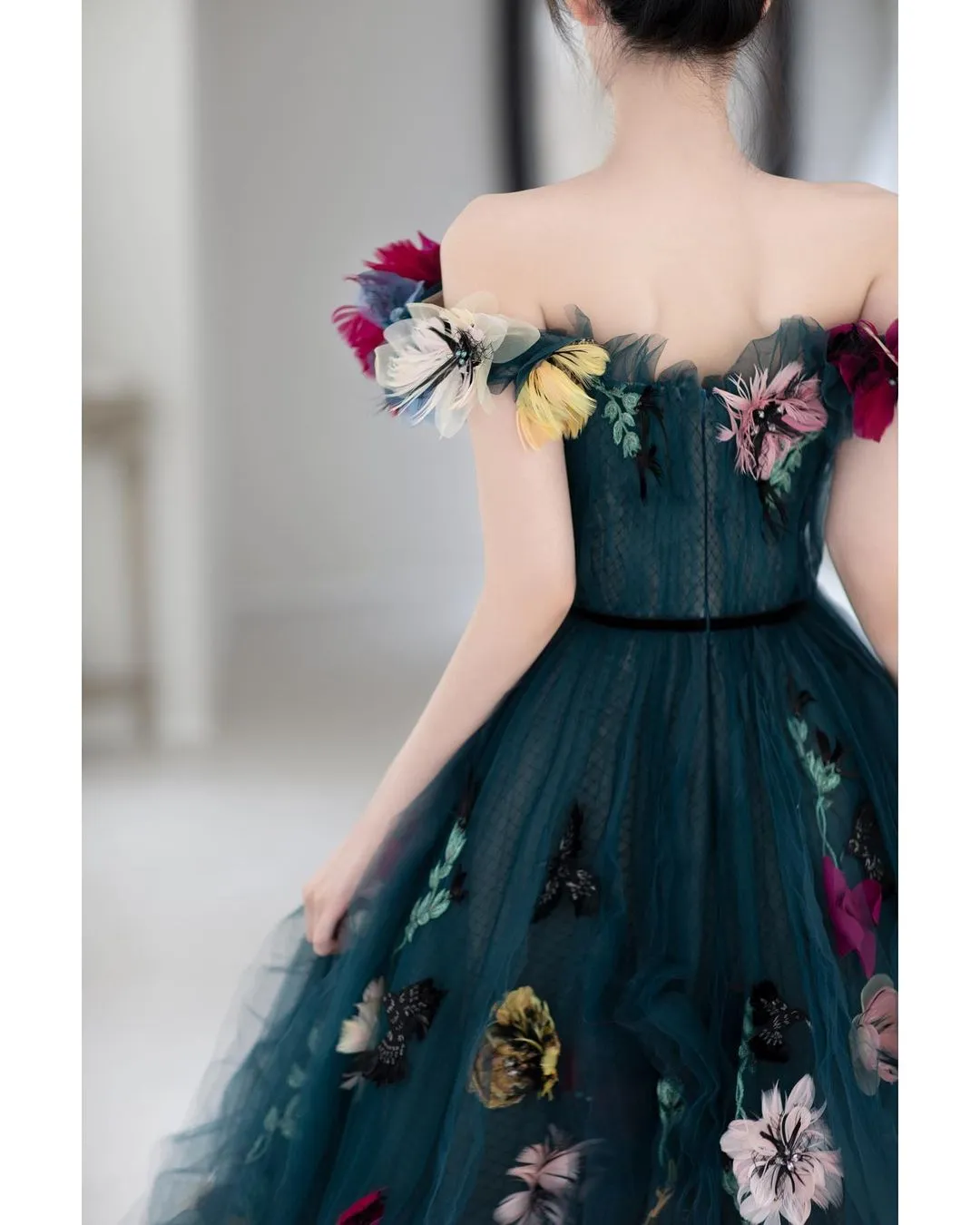 Dark Blue Sweetheart Tulle Dress Lush A-Line Floral Dresses 3D