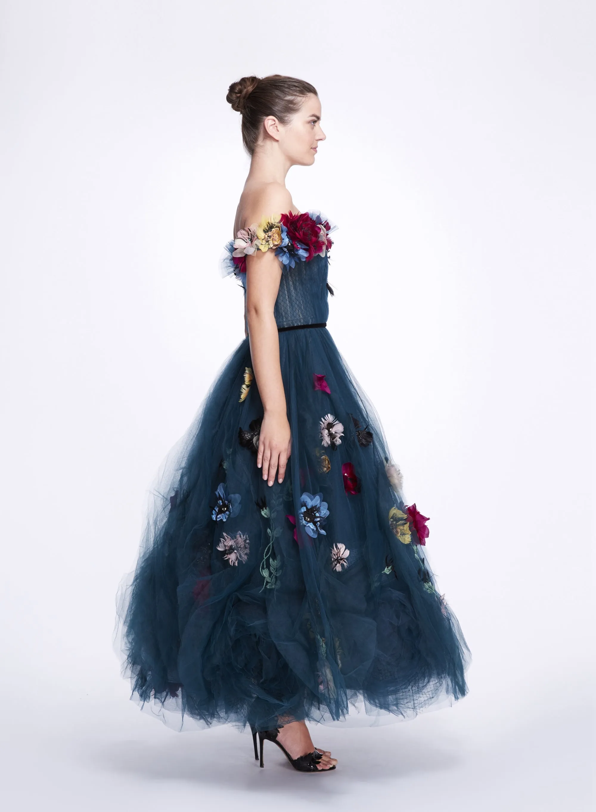 Dark Blue Sweetheart Tulle Dress Lush A-Line Floral Dresses 3D