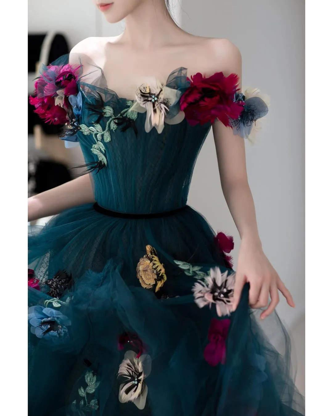 Dark Blue Sweetheart Tulle Dress Lush A-Line Floral Dresses 3D