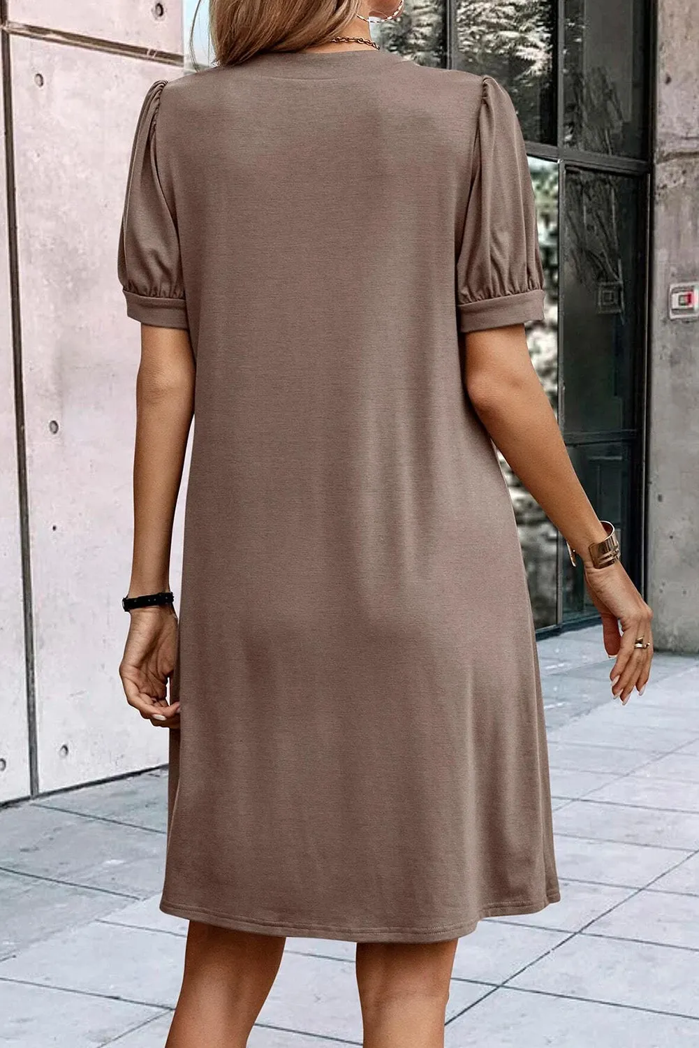 Desert Palm Notched Neck Pleated Puff Sleeve