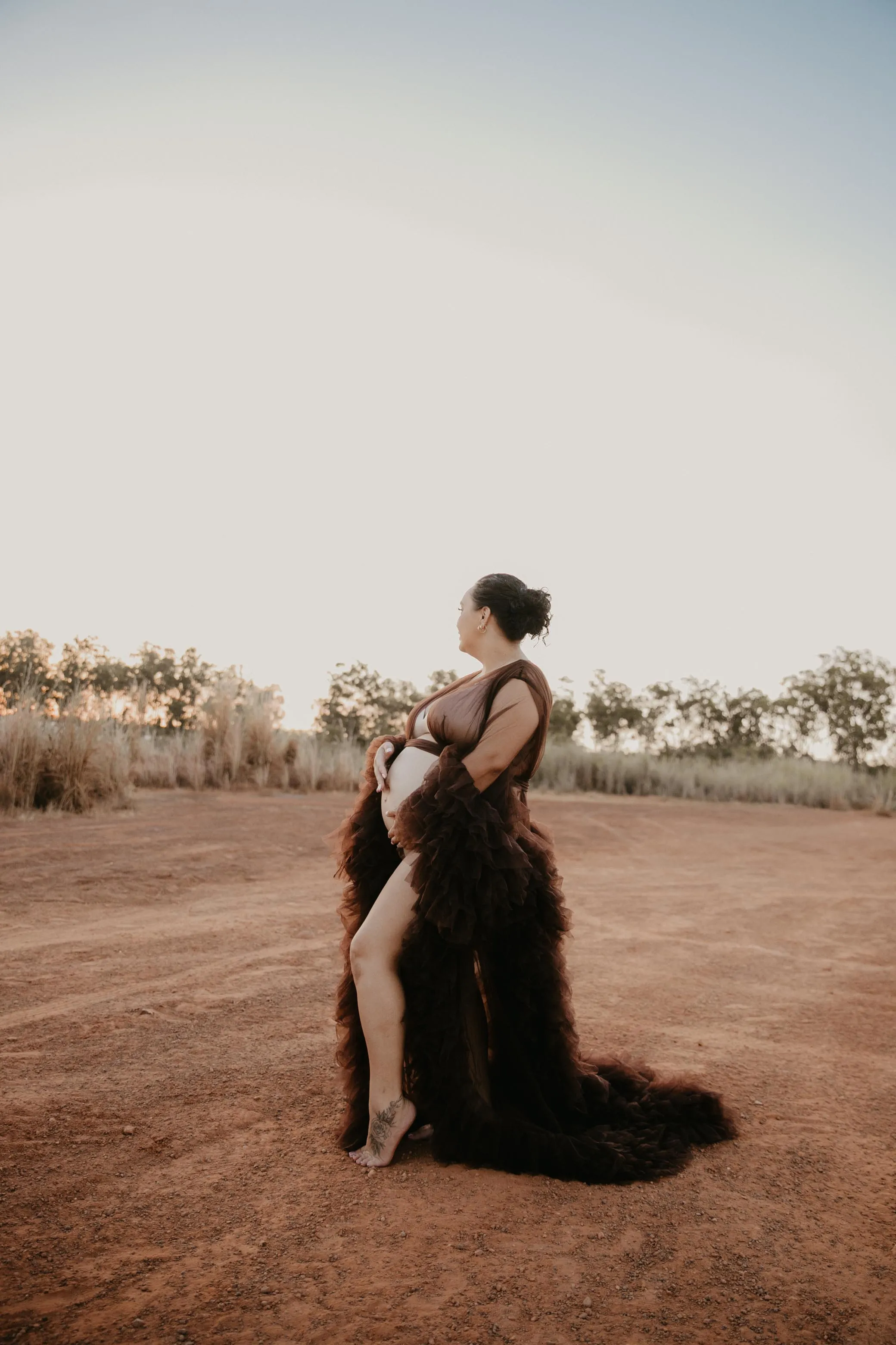 Dress Hire - Maternity Photoshoot Dresses - Sophie - Dark Brown Tulle Robe - RENTAL