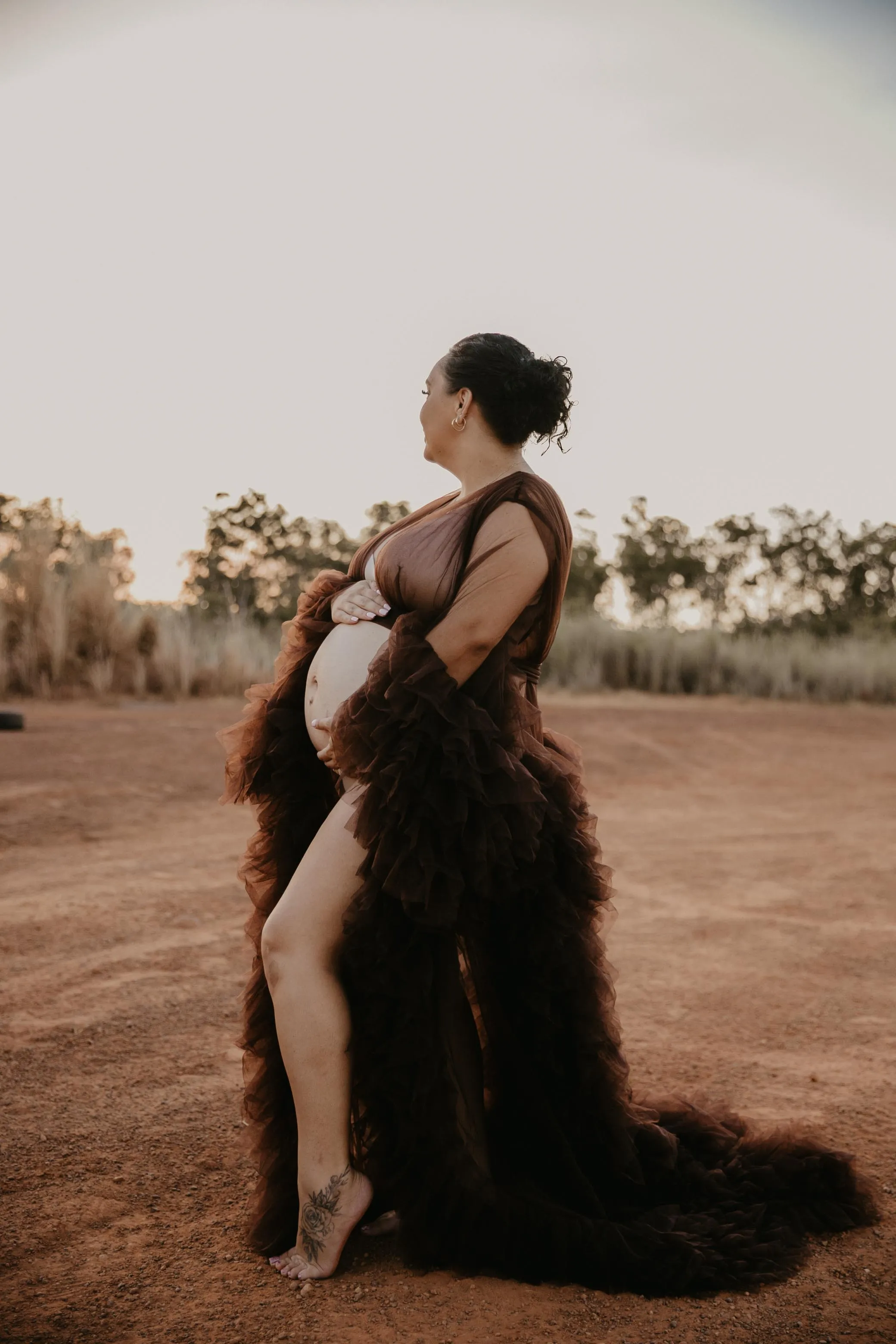 Dress Hire - Maternity Photoshoot Dresses - Sophie - Dark Brown Tulle Robe - RENTAL