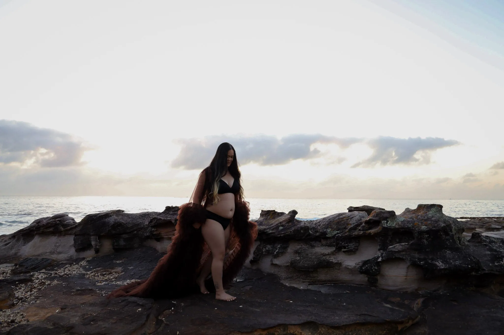 Dress Hire - Maternity Photoshoot Dresses - Sophie - Dark Brown Tulle Robe - RENTAL