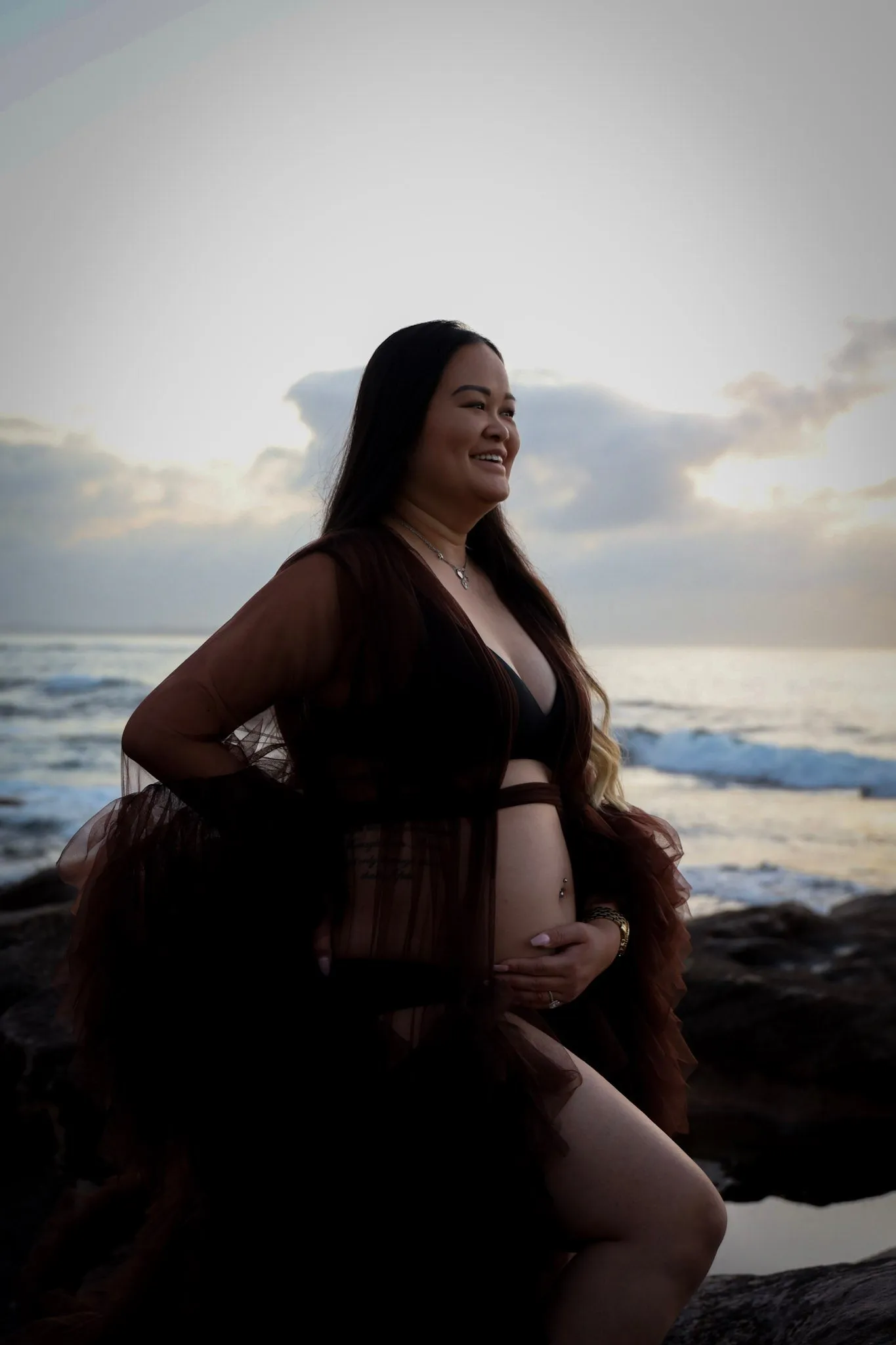 Dress Hire - Maternity Photoshoot Dresses - Sophie - Dark Brown Tulle Robe - RENTAL