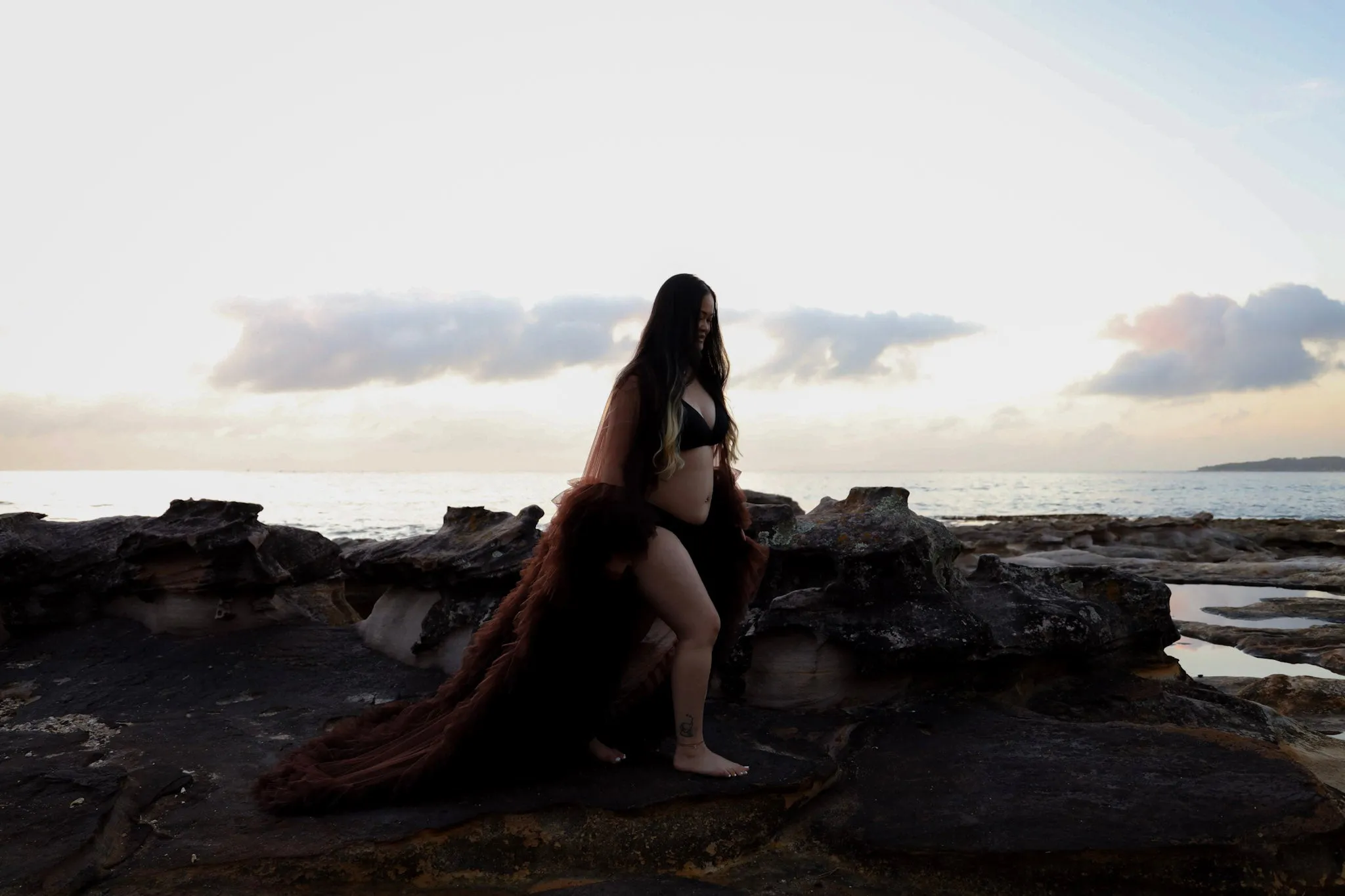 Dress Hire - Maternity Photoshoot Dresses - Sophie - Dark Brown Tulle Robe - RENTAL