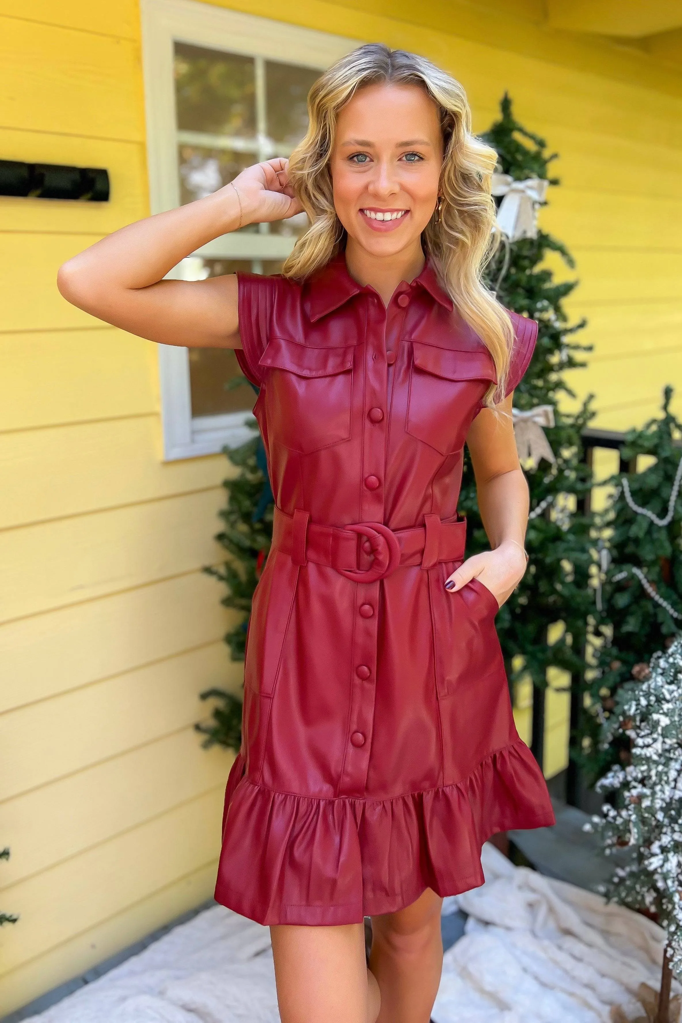 Eclair Red Belted Faux Leather Mini Dress