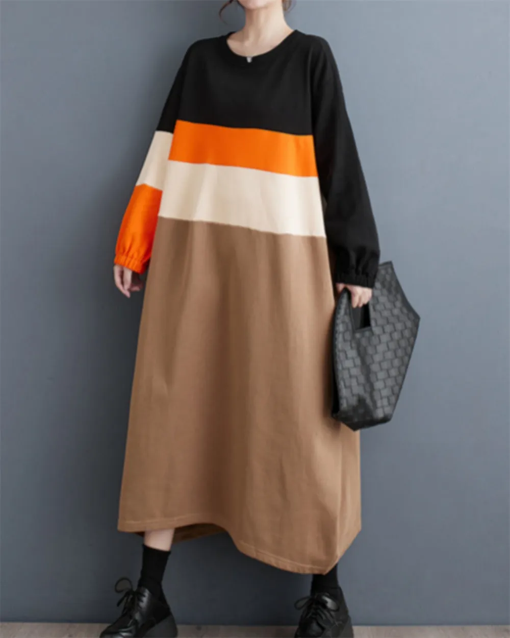 ellazhu Women's Patchwork Multi Color Long Sleeve Crew Neck Pullover Dress GZ23