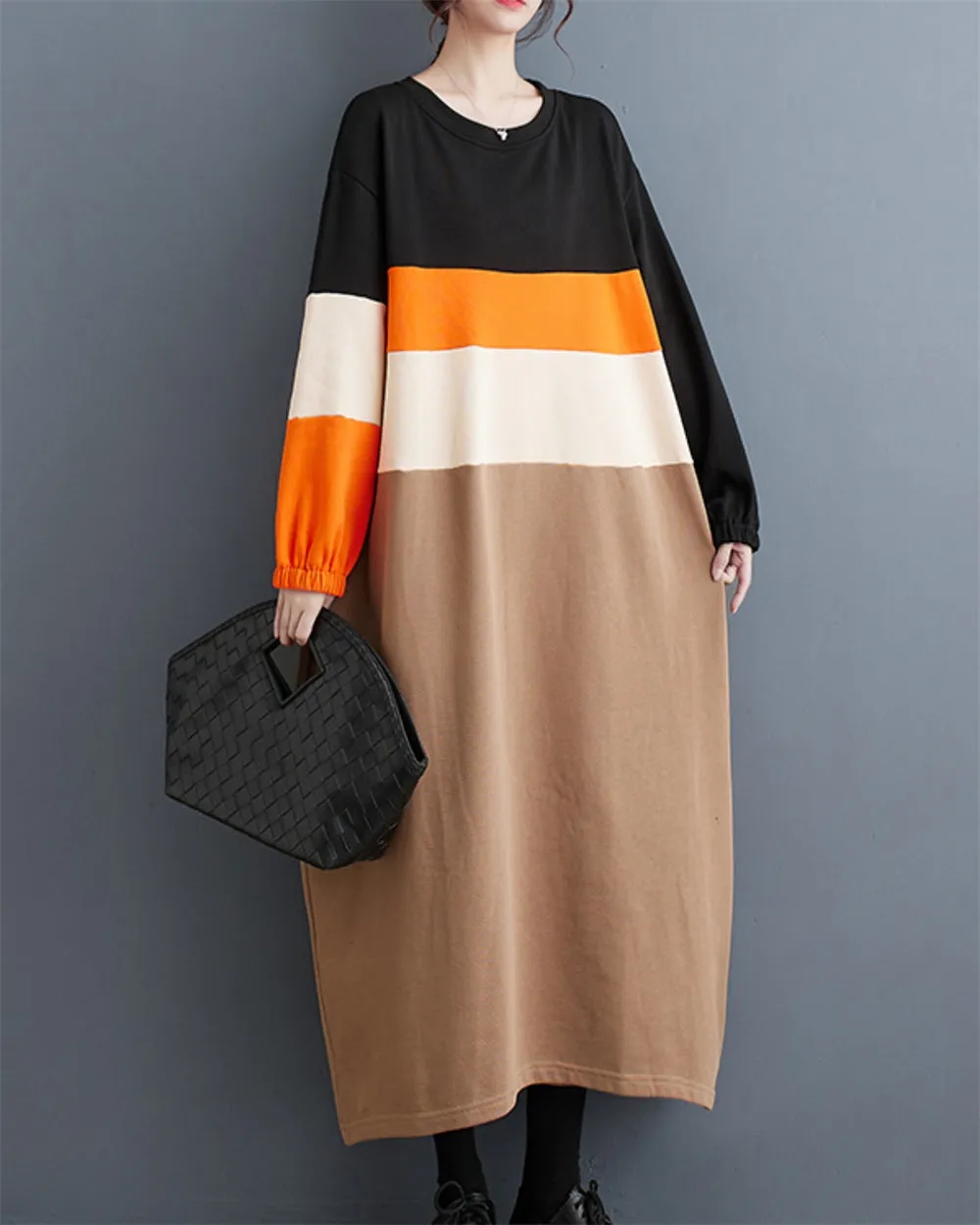 ellazhu Women's Patchwork Multi Color Long Sleeve Crew Neck Pullover Dress GZ23