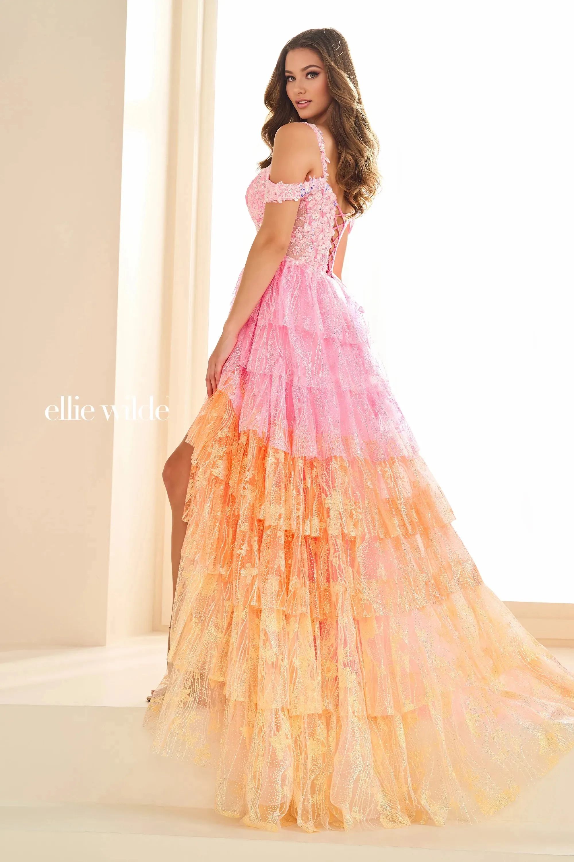 Ellie Wilde EW36037 Size 0,2,4,8 Tropical Layered Tulle Ombre Prom Dress Glow Dark Corset Slit off the shoulder Sequin