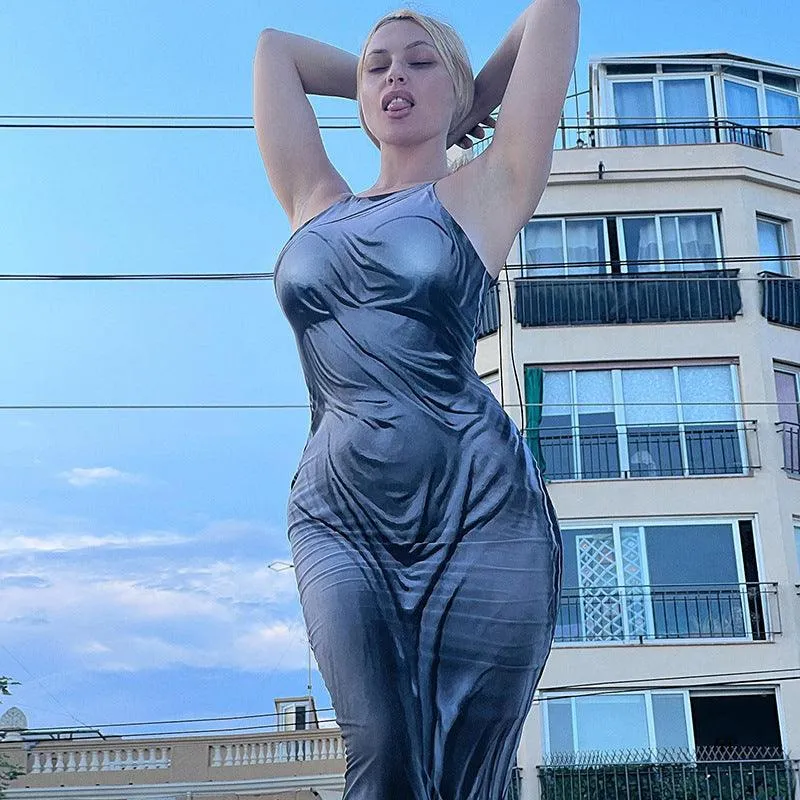 European And American Style Hot Girl Close-fitting Fashion Human Body Printing Slip Dress