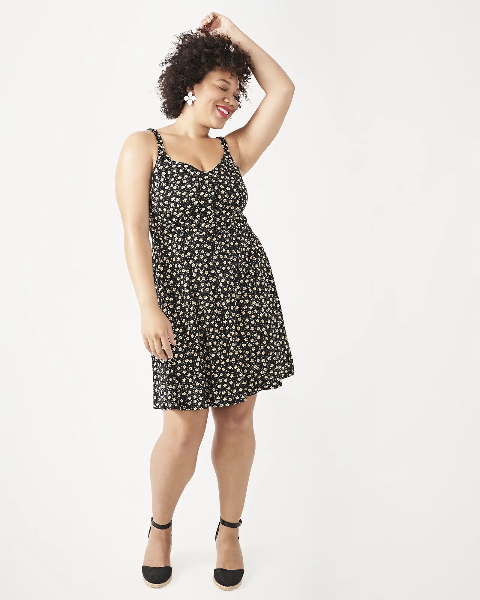 Evelyn Floral-Print Racerback A-Line Dress | Black / Orange