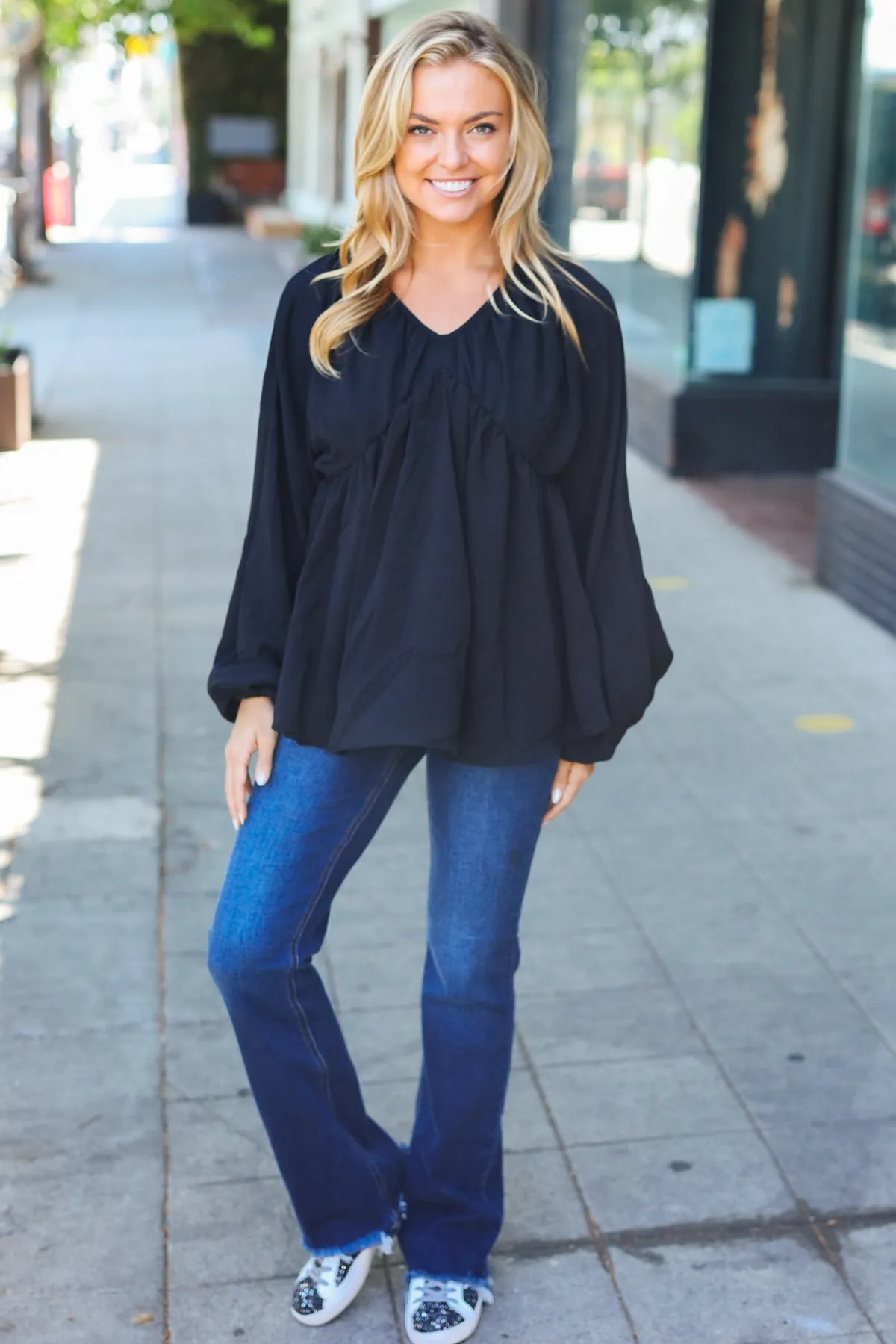 Explore More Collection - Simple Elegance Black V Neck Babydoll Woven Top
