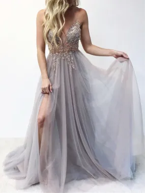 Eye-catching Illusion Prom Dresses Tulle Spaghetti Straps A-line Formal Gowns PD367