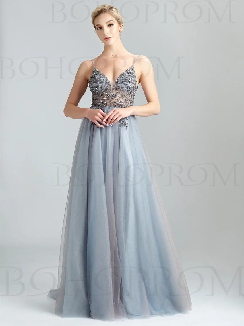 Eye-catching Illusion Prom Dresses Tulle Spaghetti Straps A-line Formal Gowns PD367