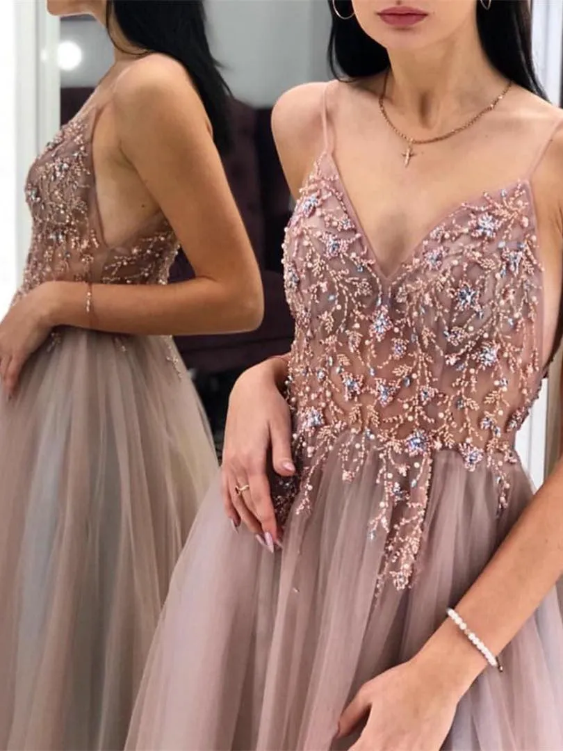 Eye-catching Illusion Prom Dresses Tulle Spaghetti Straps A-line Formal Gowns PD367