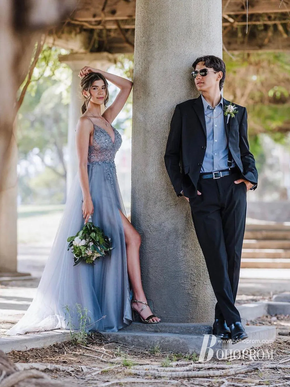 Eye-catching Illusion Prom Dresses Tulle Spaghetti Straps A-line Formal Gowns PD367