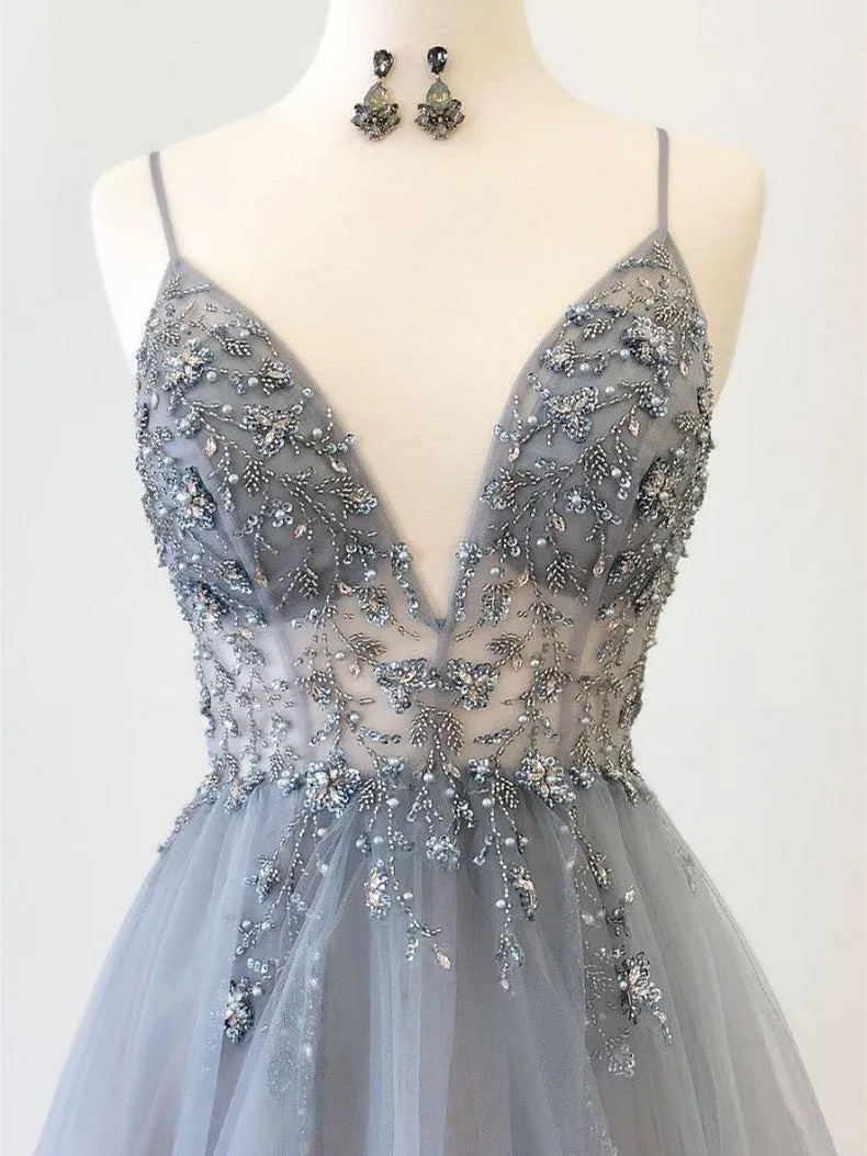 Eye-catching Illusion Prom Dresses Tulle Spaghetti Straps A-line Formal Gowns PD367