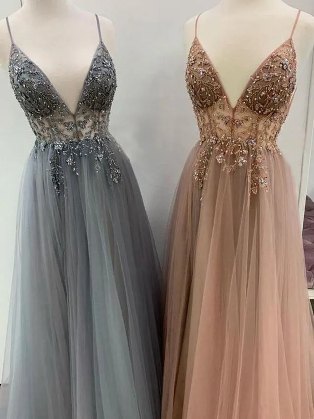 Eye-catching Illusion Prom Dresses Tulle Spaghetti Straps A-line Formal Gowns PD367